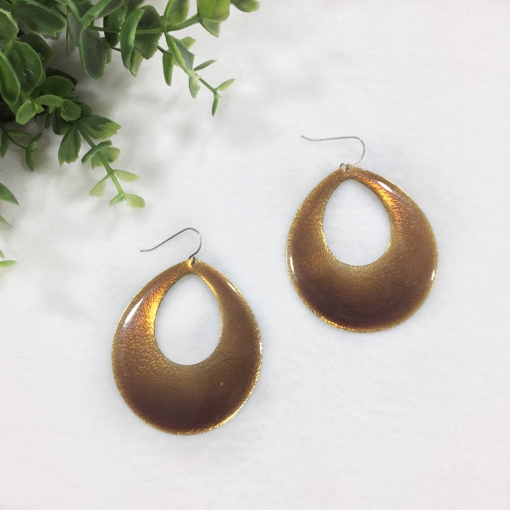 Oval Hoop Dangle Earrings Silver & Amber Toned